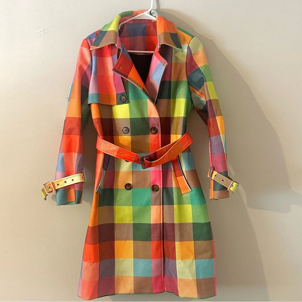 Colorful Plaid Trench Coat Belted Statement Jacket Women’s Small - Picture 1 of 5
